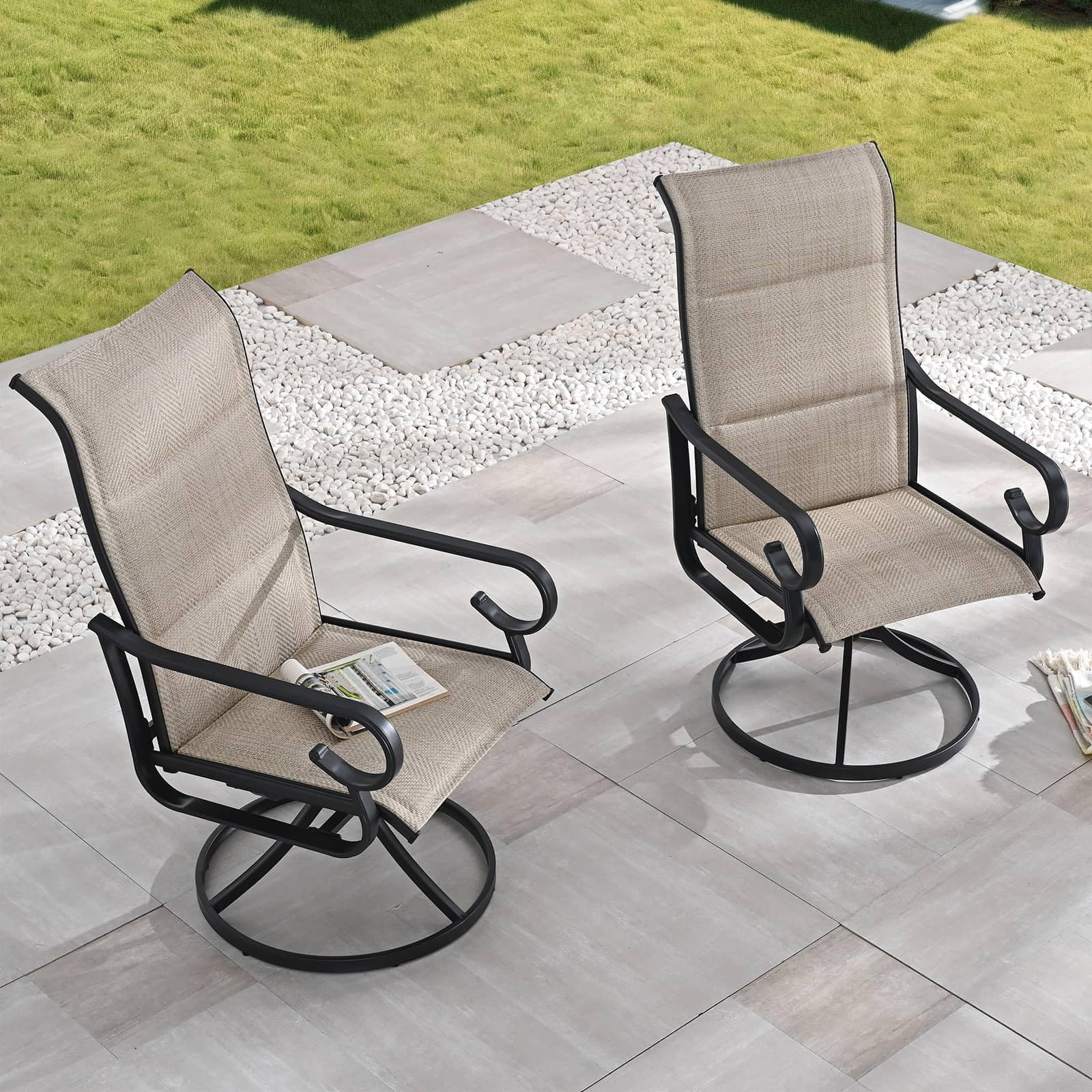 PatioFestival Patio Dining Chairs Textilene High Back Outdoor Swivel Rocker Chair Set of 2 with All Weather Frame (Khaki)