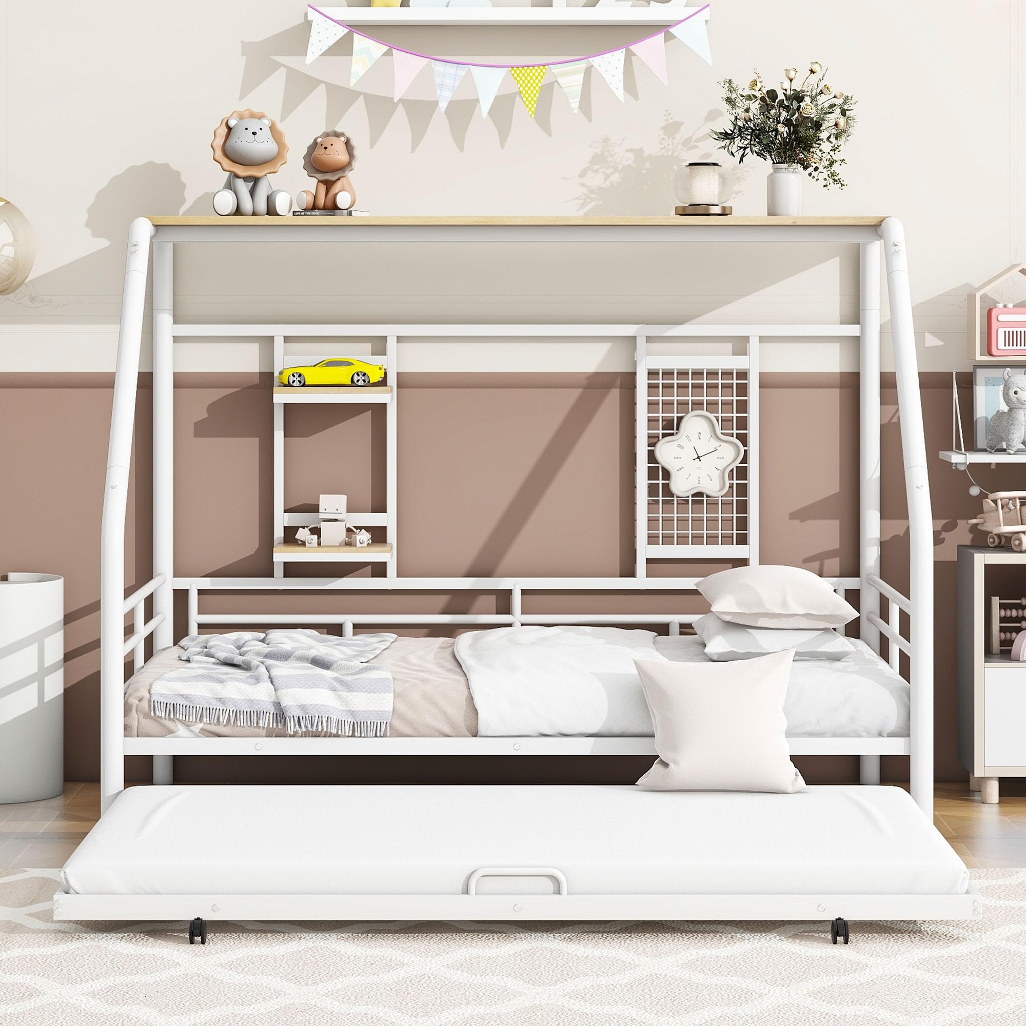 Linique Twin Size Metal House Bed with Trundle,Twin Size Platform Metal Bedframes with Built-in Shelf and Grid,White