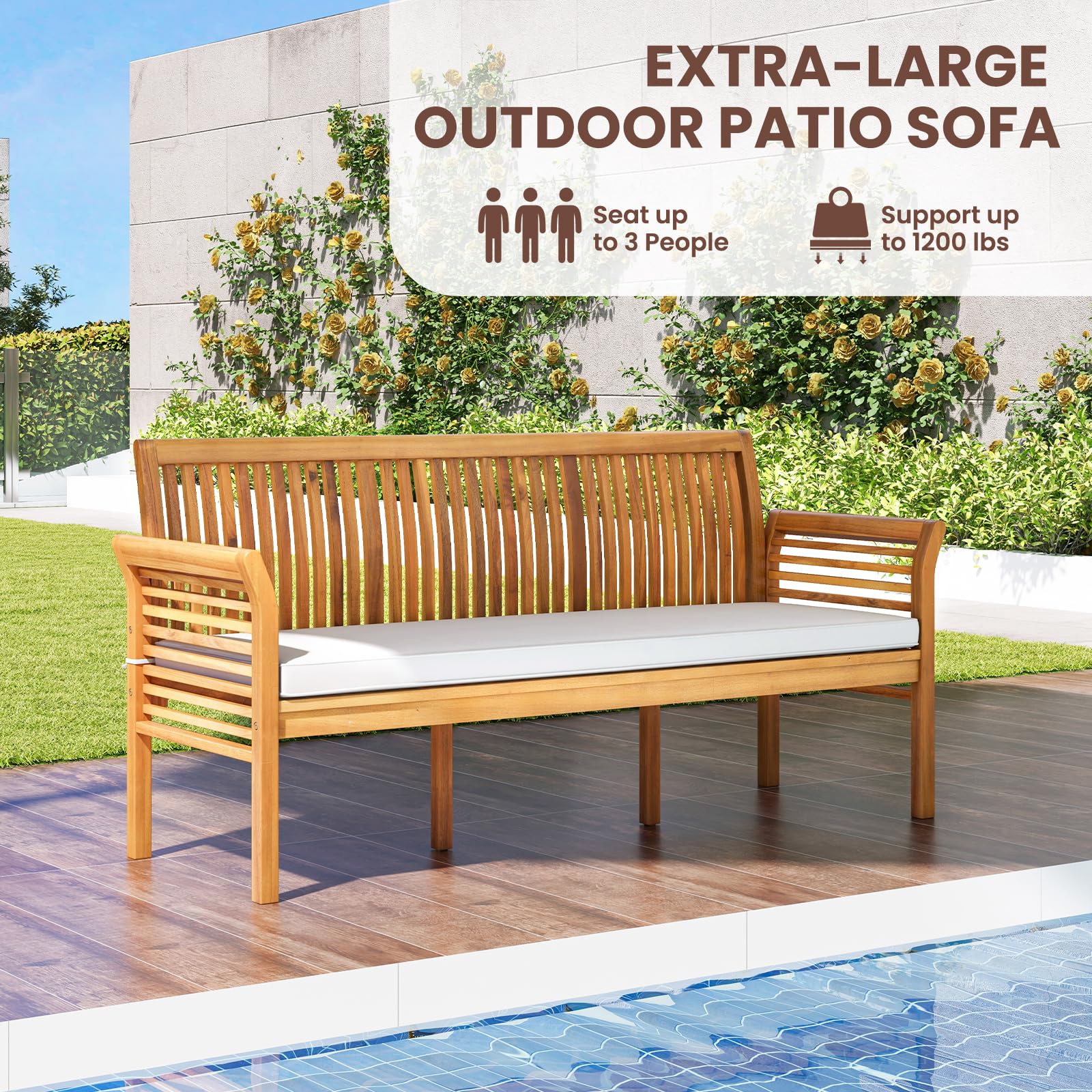 RELAX4LIFE 62.5’’ Outdoor Bench Acacia Wood - 3-Person Patio Bench w/Backrest, Armrests & Removable Seat Cushion, Slatted Wooden Garden Bench for Front Porch Park Backyard, 1200 LBS Weight Capacity