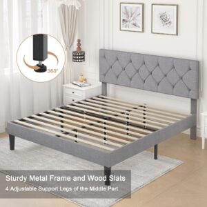 VECELO Full Bed Frame with Button Tufted Headboard, Upholstered Platform Bedframe with Wood Slat Support, No Box Spring Needed, Grey