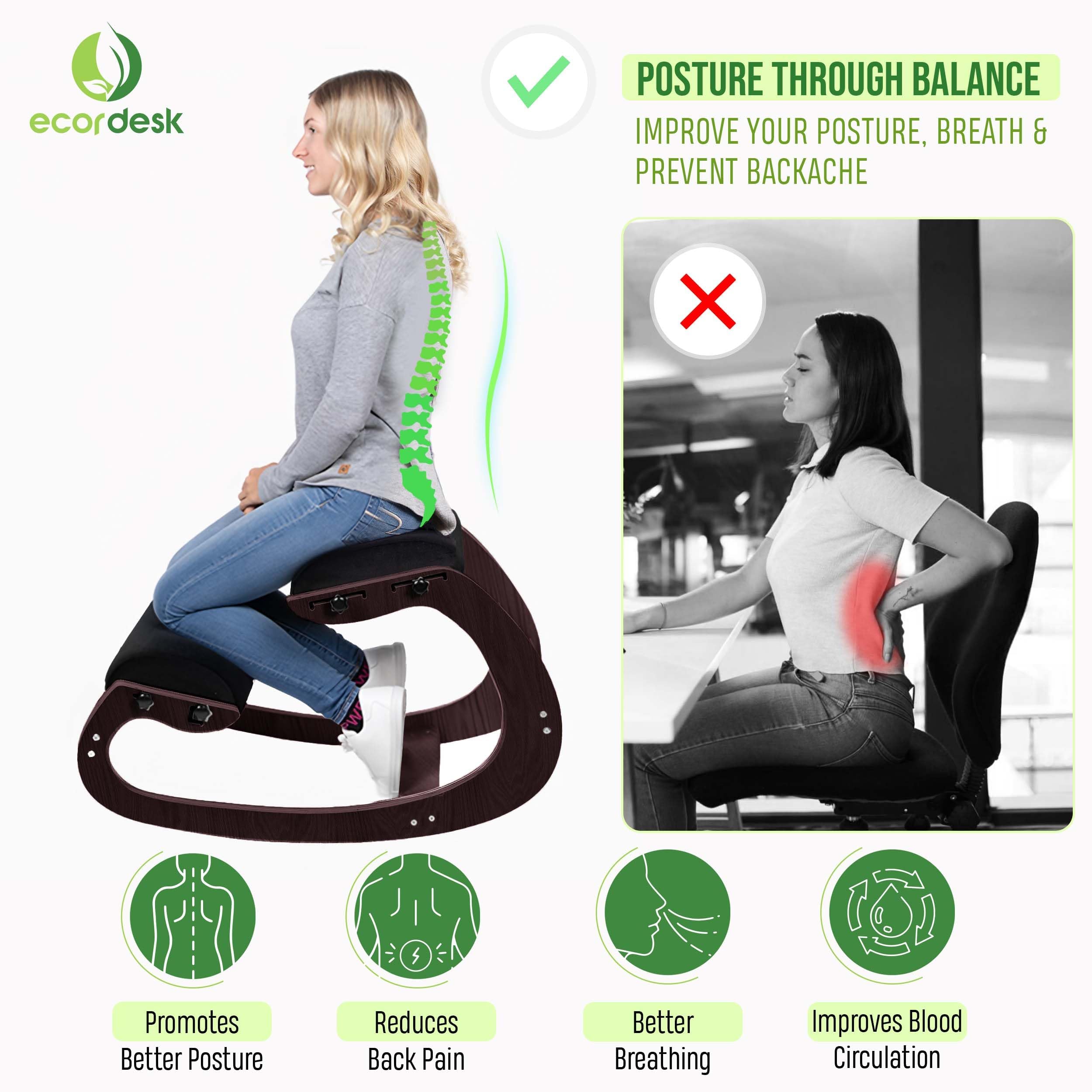 Ecordesk Ergonomic Kneeling Chair - Natural Latex Foam - Posture Chair for Desk with Adjustable Seat & Knee Pad, Rocking Knee Chair for Upright Posture (Walnut)