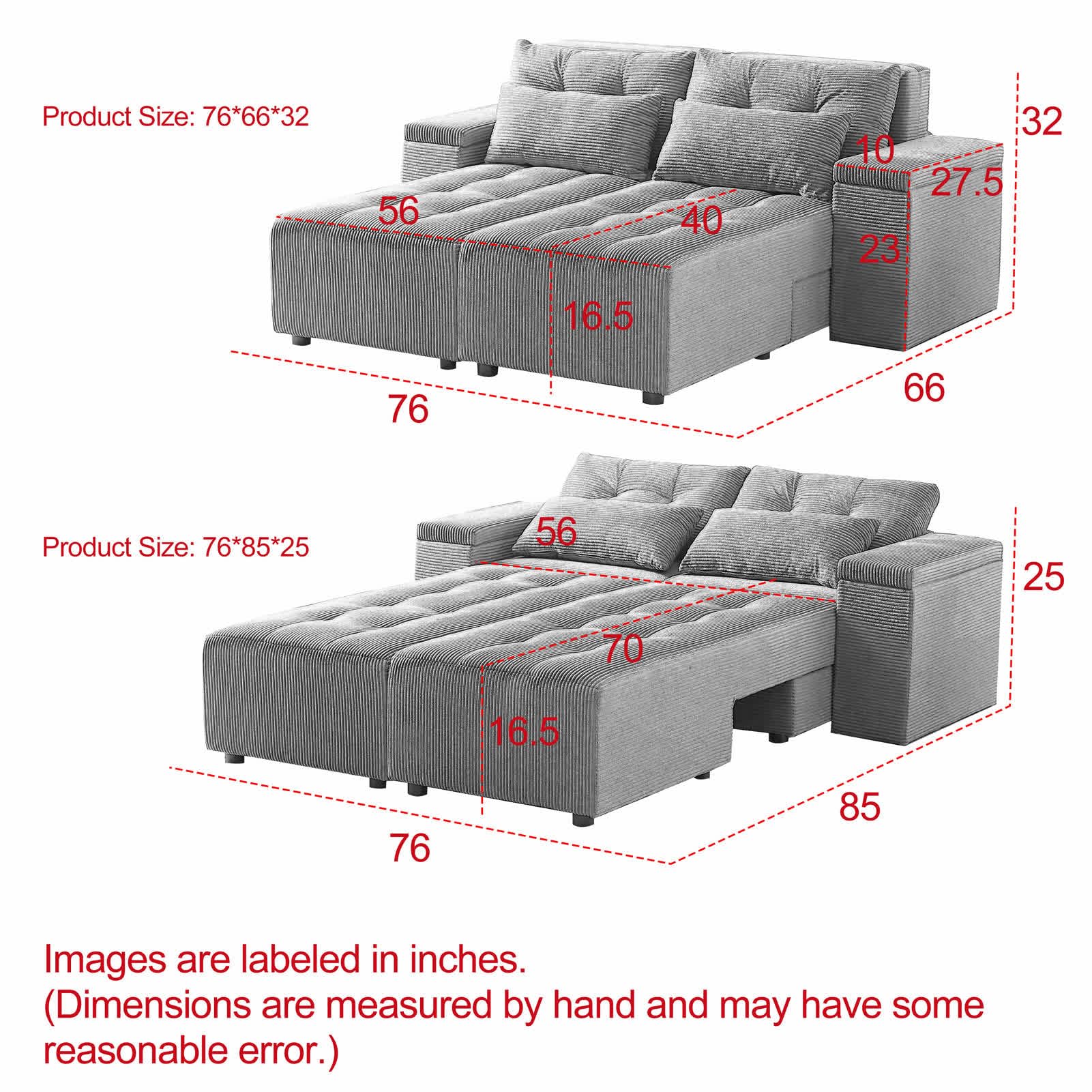 UPYOOE Modular Sectional Sofa, Convertible 3 in 1 Sleeper Sofa Bed with 4 Storage Space, King Size Pull Out Bed, 77''-111'' Wide Sectional Couch, Loveseat Sofa Chaise for Living Room, Corduroy Green