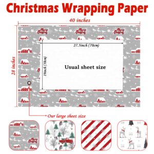 Cuitpan White Christmas Wrapping Paper Bundle for Kids Adults - Reindeer, Stripes, Woodlands, Snowflake, Red Truck Winter Scene Designs - 28 x 40 Inches, 6 Jumbo Sheets, Recycled