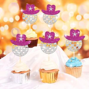 24 PCS Disco Ball Cowgirl Hat Cupcake Toppers Glitter Star Western Cowboy Hat Disco Balls Cupcake Picks for 1970s Disco Music Theme Wedding Bridal Shower Birthday Party Cake Decorations Supplies