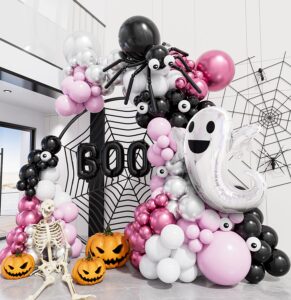 pink halloween balloon garland arch kit,122pcs halloween black pink white balloons large boo ghost foil balloons spider balloons for girl birthday baby shower party decorations