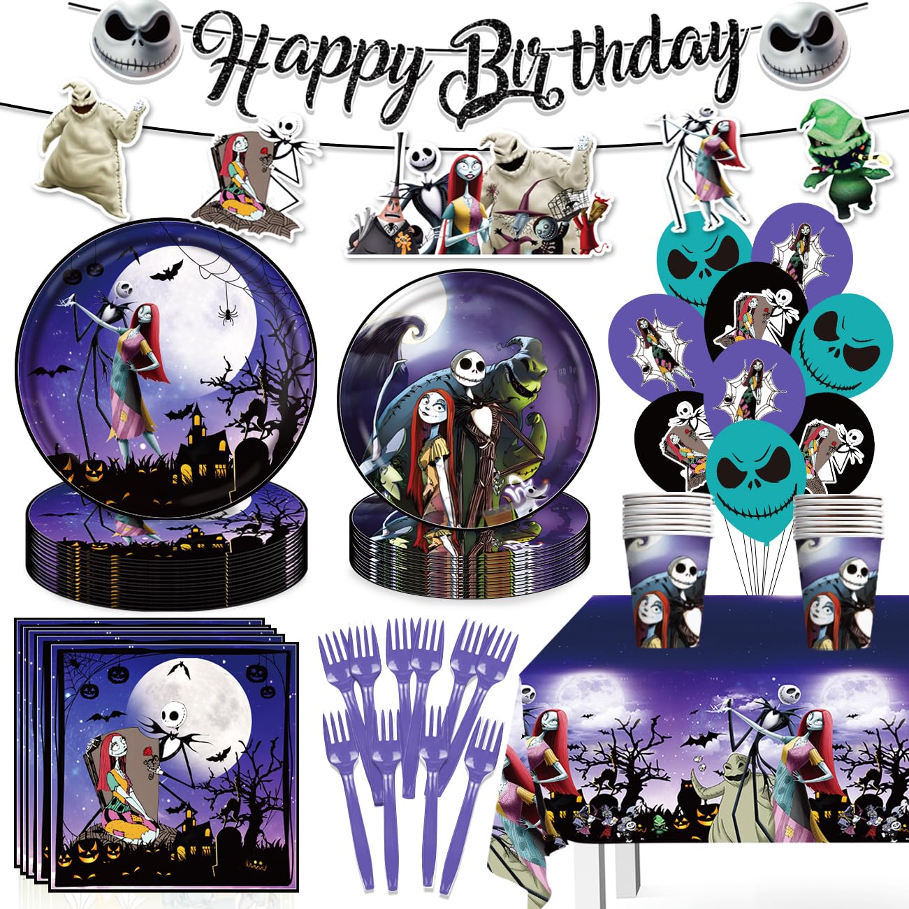 114pcs Nightmare Christmas Birthday Decorations Halloween Tableware Set Includes Happy Birthday Banner, 9 Inches Plates, 7 Inches Plates, Napkins, Cups, Fork, Balloons and Tablecloth for Serve 20