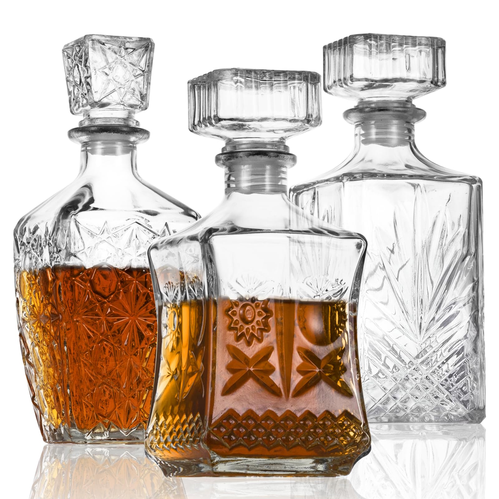 LAWADACH Liquor Decanters Whiskey Decanter Set of 3 Glass Alcohol Bottle for Tequila, Brandy and Vodka Unique Liquor Bar and Party Decorations (28oz*2, 31oz*1)