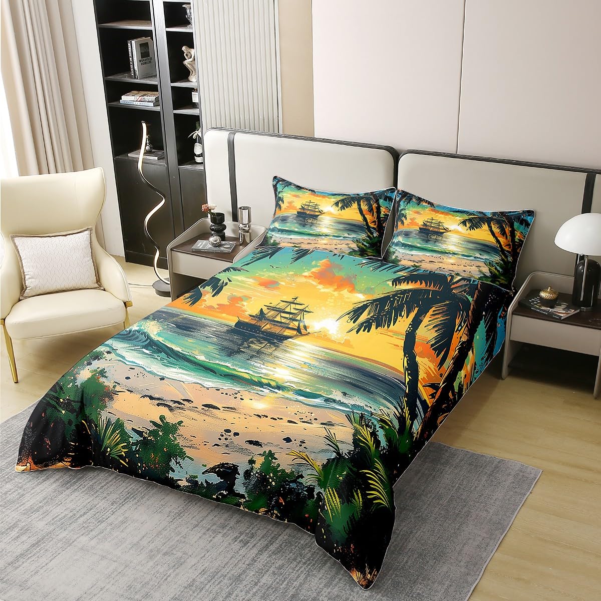 Erosebridal Coconut Tree Duvet Cover Hawaii Ocean Beach Botanical Quilt Cover Sailboat Sunset Print Comforter Cover Nature Tropical Landscape Theme Bedspread Cover Summer Holiday Room Decor Queen