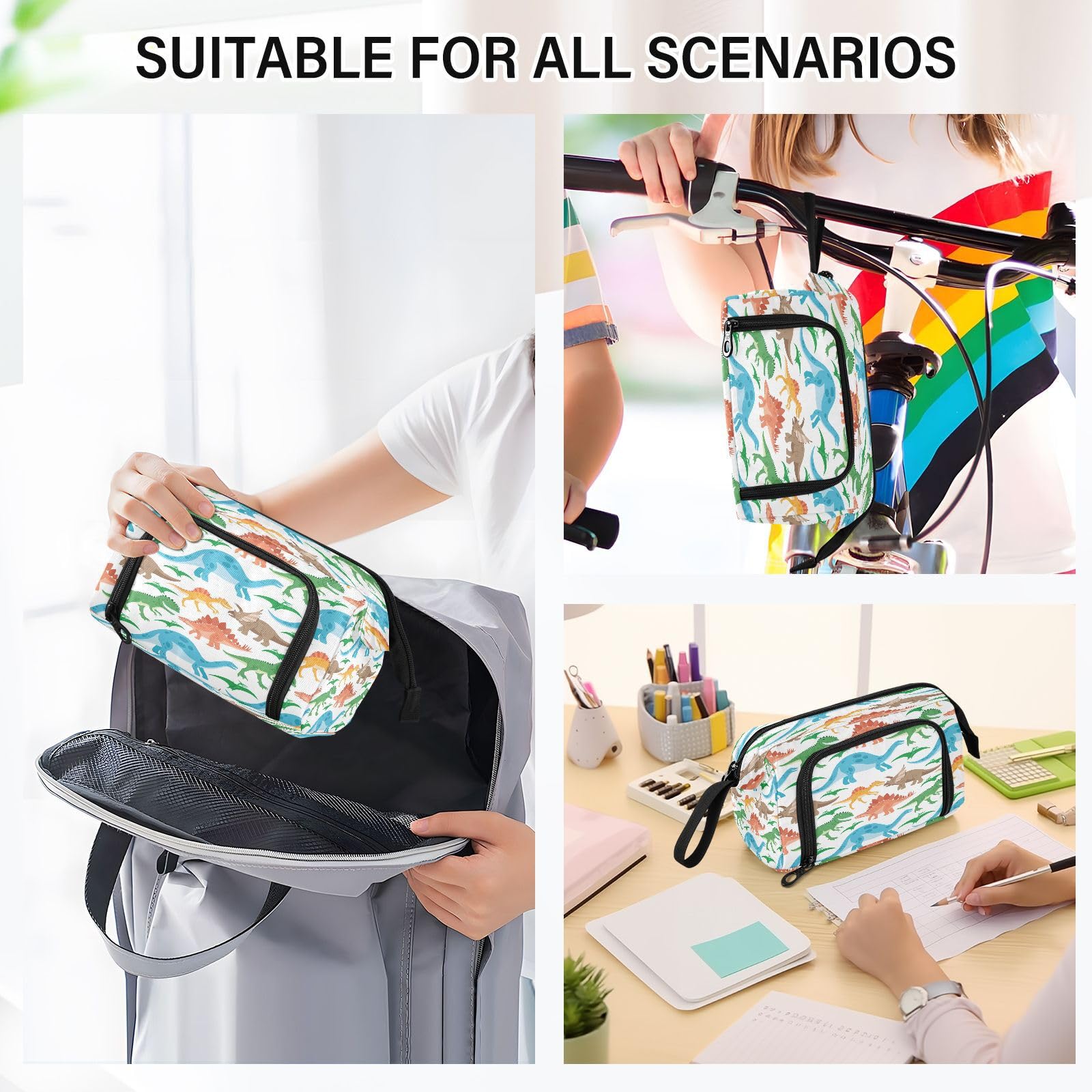 DEHOZO Portable Pencil Case Pen Bag with Zipper, Dinosaurs Dino Animals Large Pencil Pouch Pen Case Stationery Bag for Office School Student, Multifunctional Pen Box for Girl Boy Men Women