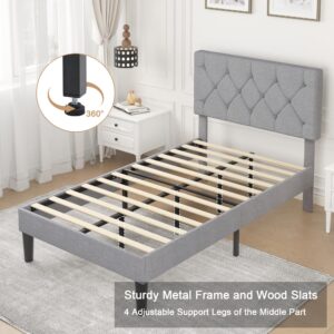 VECELO Twin Bed Frame with Button Tufted Headboard, Upholstered Platform Bedframe with Wood Slat Support, No Box Spring Needed, Grey