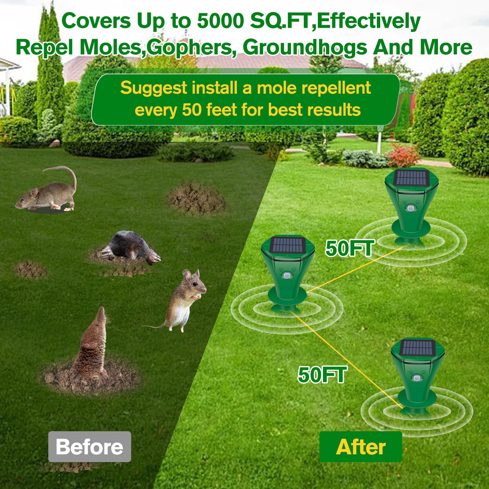 Ultrasonic Mole Repellent Outdoor, 2024 Upgrade Mole Repellent Solar-Powered for Lawn Garden Yard, Mole and Vole Repellent Waterproof, Effectively Repels Gophers Snake Chipmunks Groundhogs, 4 Pack