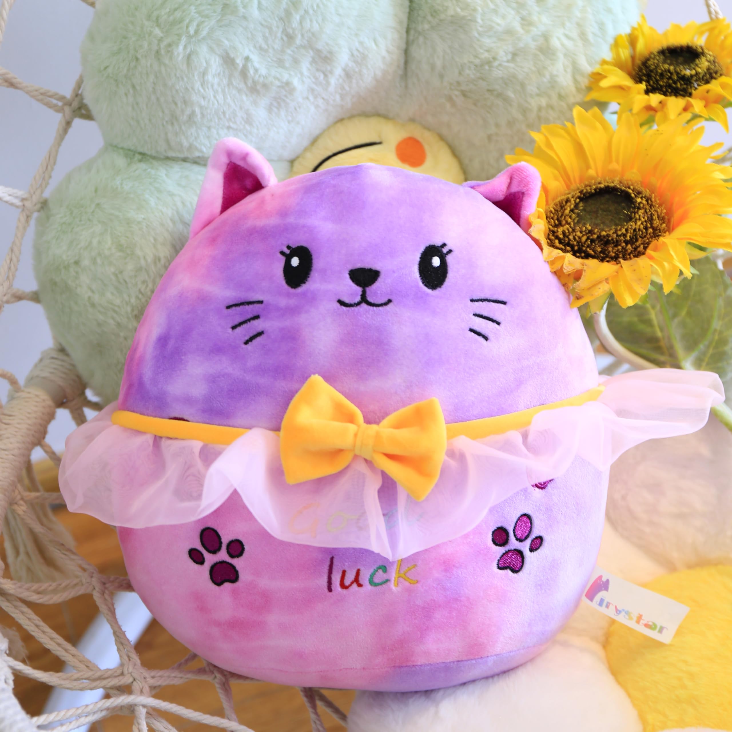 Jrystar 12’’ Good Luck Rainbow Kitty Plush Pillow Soft Cat Plush Hugging Pillow Toy Cute Kitty Stuffed Animal Doll Plushie Christmas Birthday Festival Gifts for Kids Girls