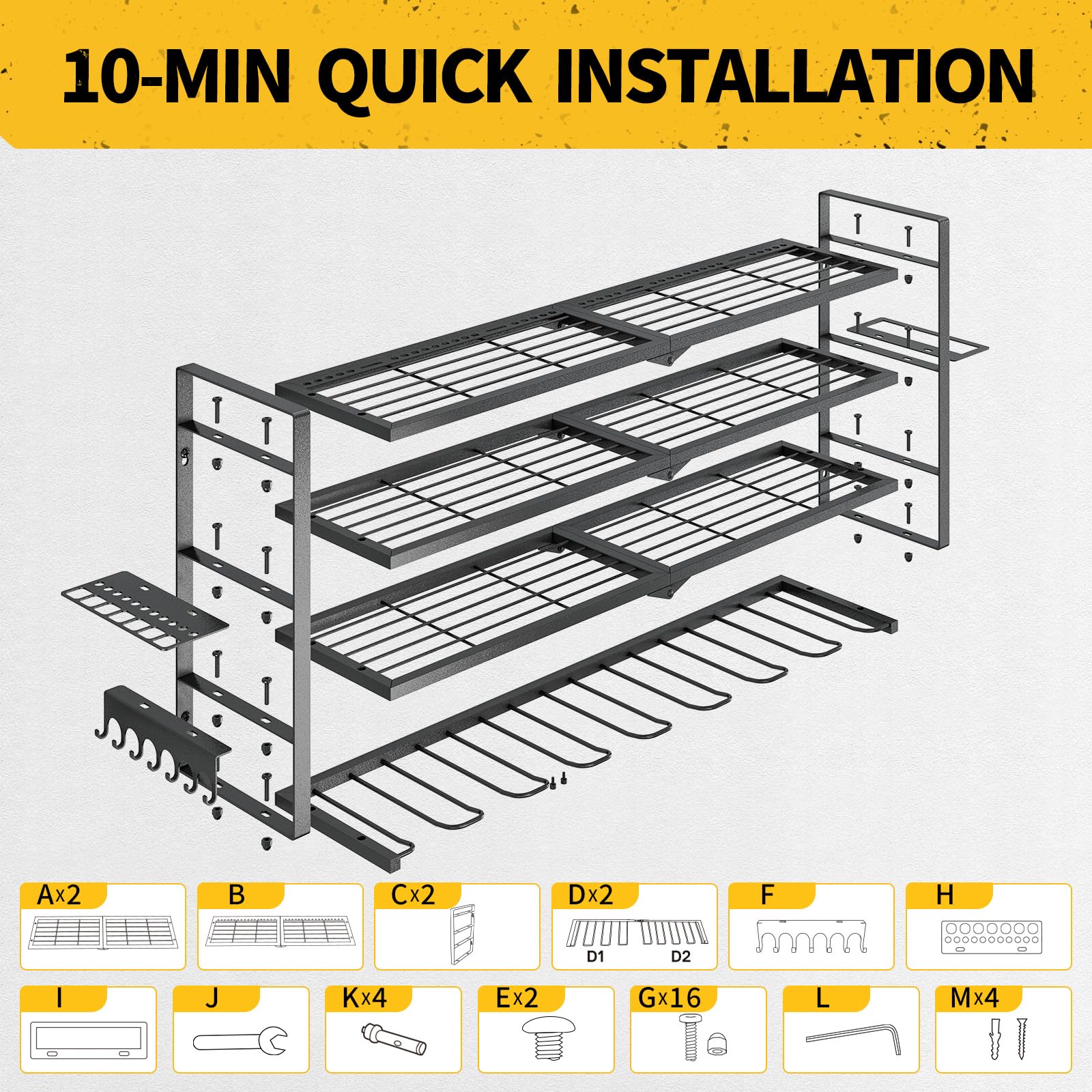 SOYEEZE Power Tool Organizer, Drill Holder Wall Mount, 4 Layers Tool Storage, Heavy Duty Garage 8 Drill Storage Shelf with Hammer/Screwdriver/Hooks Rack, Extra Large Capacity