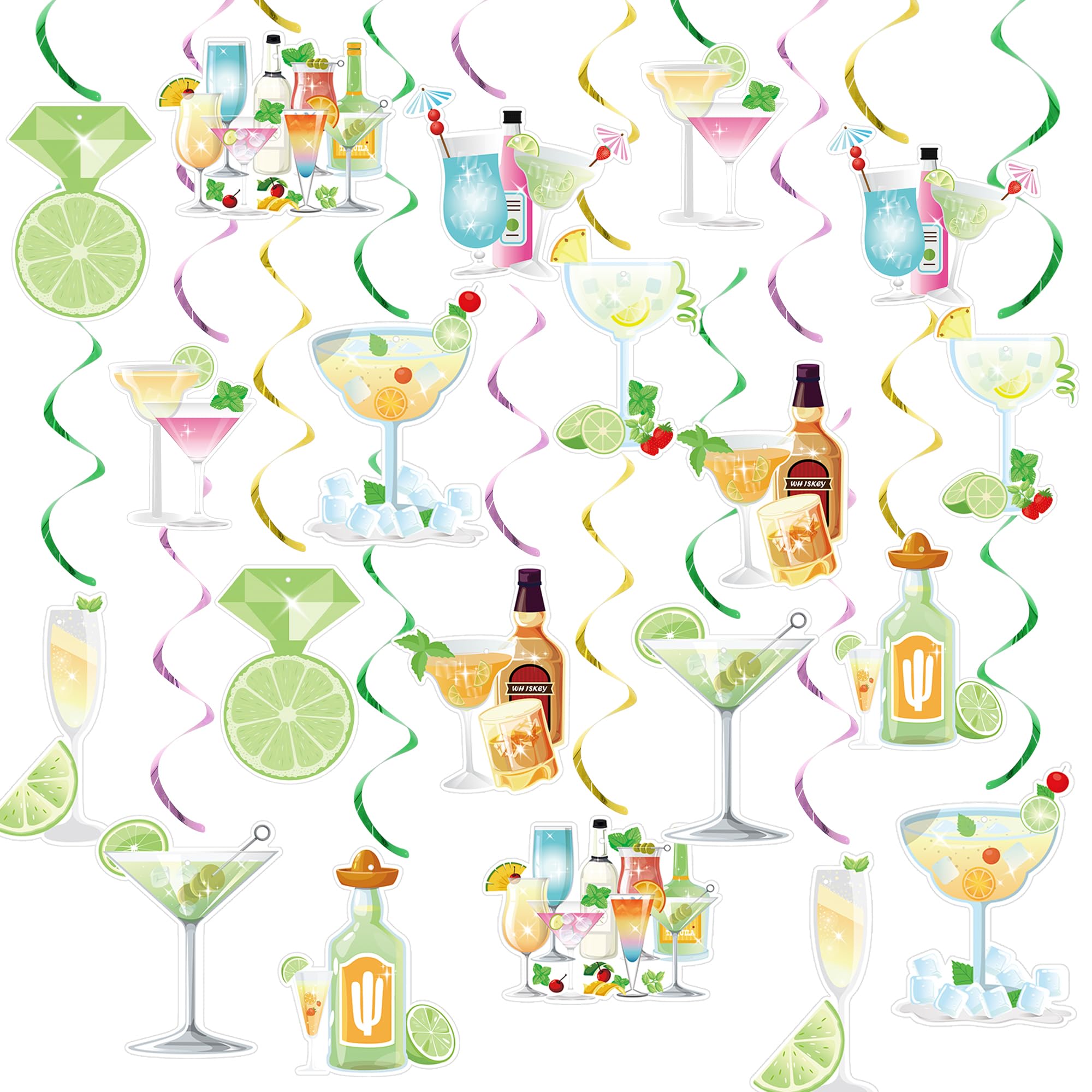 20 pcs Margs and Matrimony Bachelorette Hanging Swirls Party Decorations Margarita Martini Cocktail Birthday Party Decor Whirls Ceiling Swirls Mexican Fiesta Carnival Cinco De Mayo Party Streamers