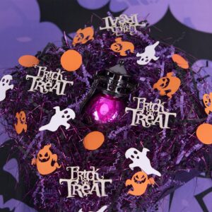 PAPER FAIR 1LB Halloween Crinkle Cut Paper Shred, Black Purple Iridescent Glitter Strand Raffia Filler w/Orange Ghosts Trick or Treat Confetti, Candy Gift Wrapping Basket Box Craft Bedding Cushion