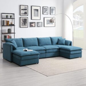 modern u-shaped cloud couch set with double cushions, chenille modular 6-seat sectional sofa sleeper bed with ottomans blue