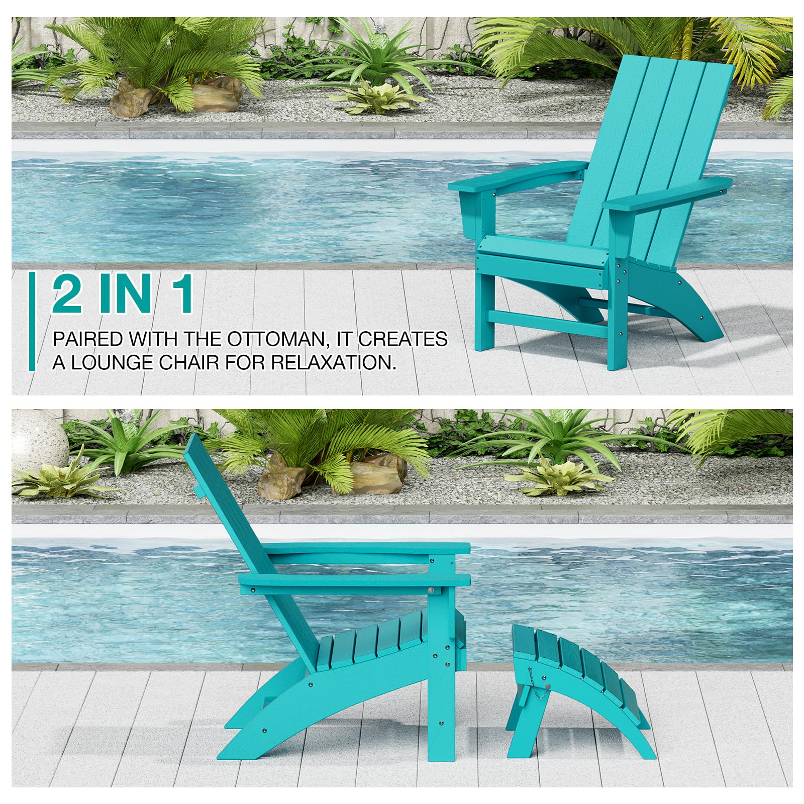 Adirondack Chair with Ottoman Weather Resistant Fire Pit Chairs with Footrest HDPE Outdoor Adirondack Chair for Patio Front Porch Pool Garden Deck Fire Pit Outside, Teal