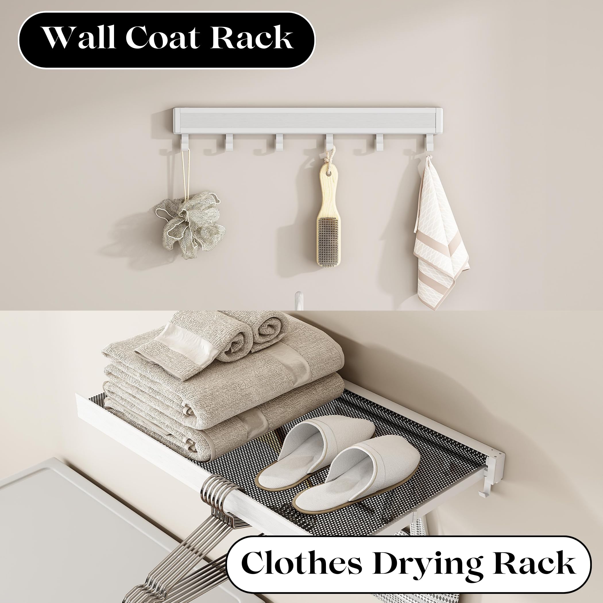 SEEDWAVE Wall Mounted Drying Rack Collapsible 17.3" Wide, Space Aluminum Hanging Coat Rack with 6 Towel Hooks (Includes Screws and User Manual)