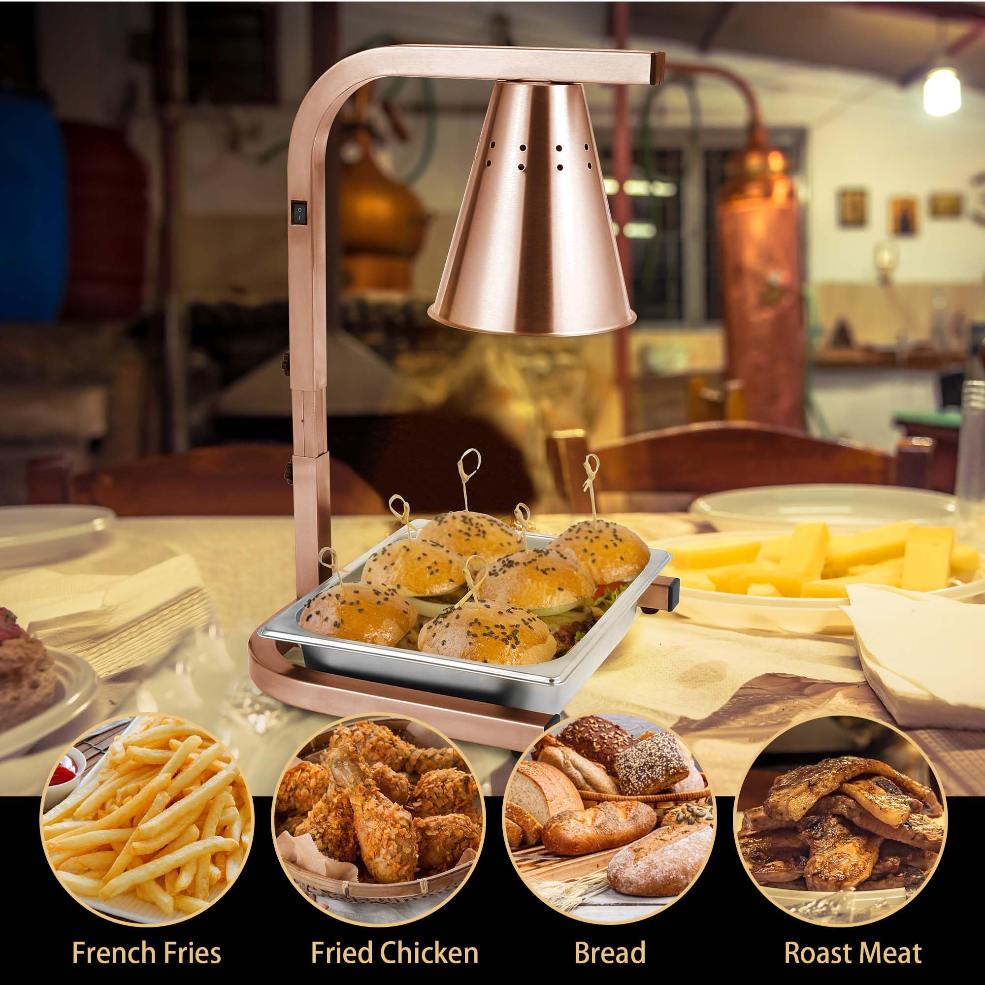 Restlrious Food Heat Lamp Freestanding Commercial Head Food Warmer, Gold Frame Stainless Steel 120V Electric Fan-Shaped Lampshade Food Heat Lamp with 250W Bulb & 1/2 Food Pan, for Buffet Food Service