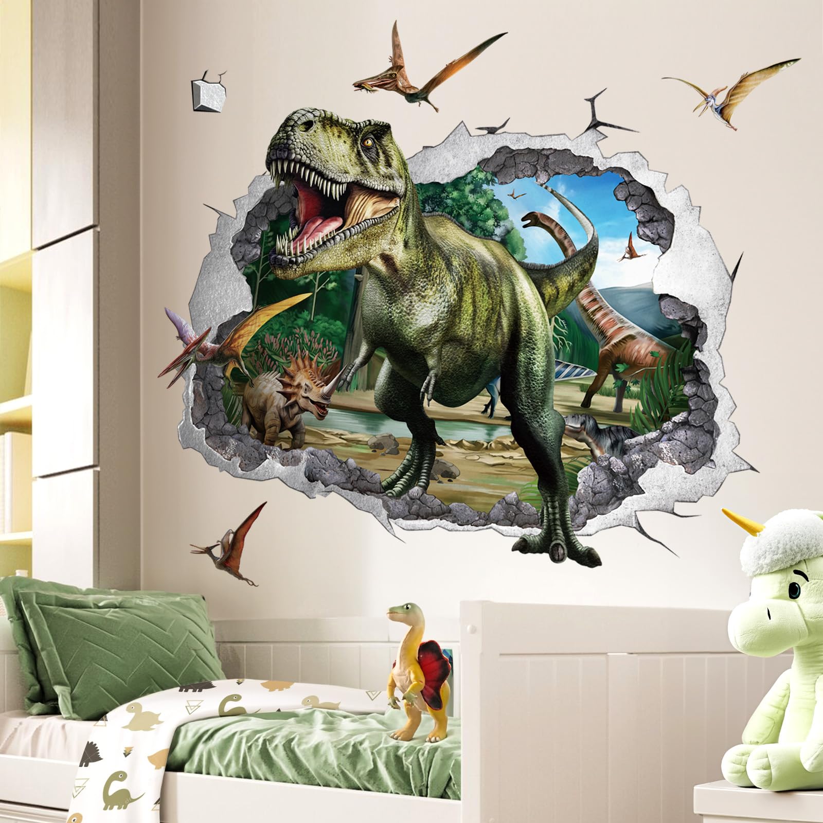 wondever 3D Large Dinosaur Wall Stickers Dino Crack Hole Dinosaur Animal Peel and Stick Wall Art Decals for Boys Room Baby Nursery Kids Bedroom