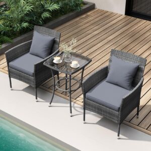 KOTEK 3 Pieces Patio Furniture Set, PE Rattan Outdoor Conversation Set with Tempered Glass Table & Soft Cushions, Wicker Bistro Set for Garden, Porch, Balcony (Grey)