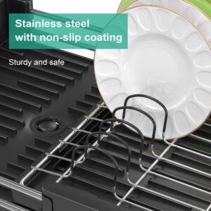 Dish Drying Rack - Expandable Large Dish Racks, Dish Drainer with Adjustable Water Outlet, Dish Rack for Kitchen Counter with Cutlery & Cup Holders, Black