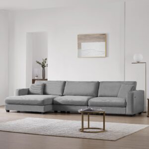 Modern Oversized Corduroy Sectional Sofa with USB Charging Port,Cup Holder, Deep Seat Couch Sleeper Bed with 50" Chaise, Gray