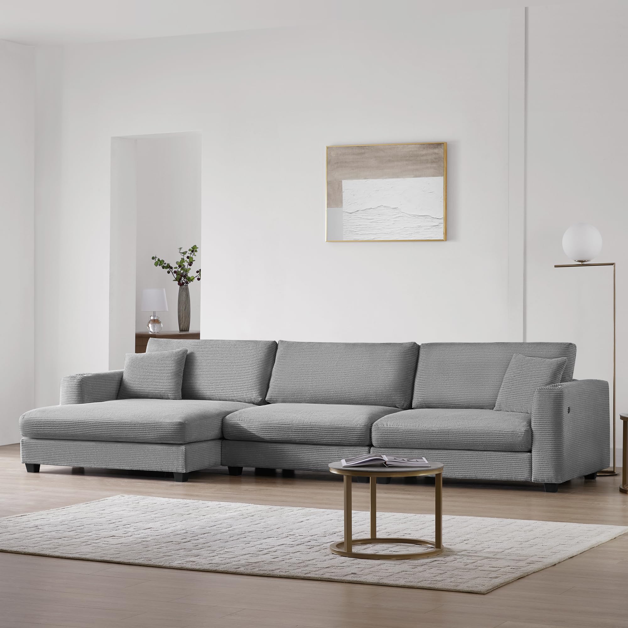 Modern Oversized Corduroy Sectional Sofa with USB Charging Port,Cup Holder, Deep Seat Couch Sleeper Bed with 50" Chaise, Gray