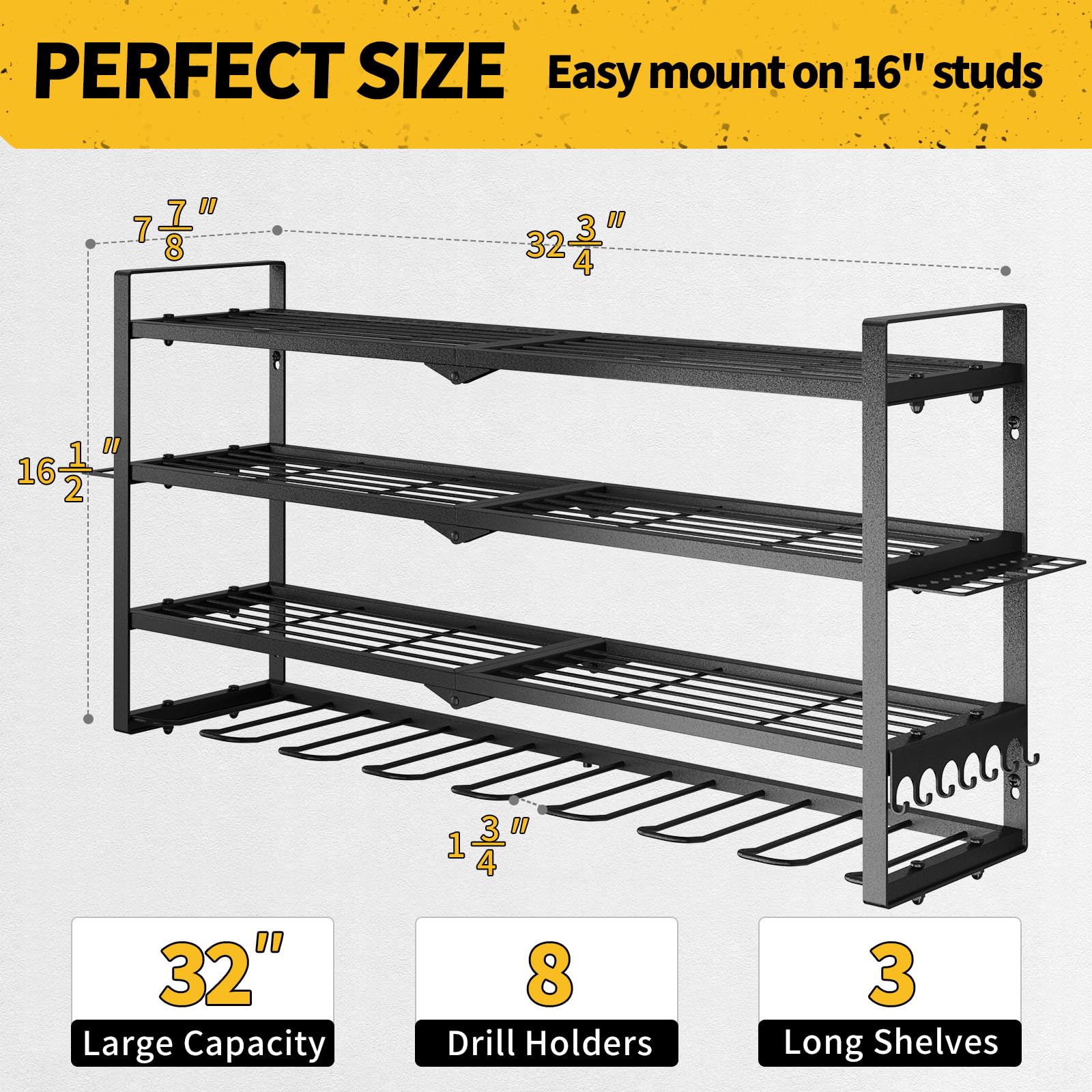 SOYEEZE Power Tool Organizer, Drill Holder Wall Mount, 4 Layers Tool Storage, Heavy Duty Garage 8 Drill Storage Shelf with Hammer/Screwdriver/Hooks Rack, Extra Large Capacity