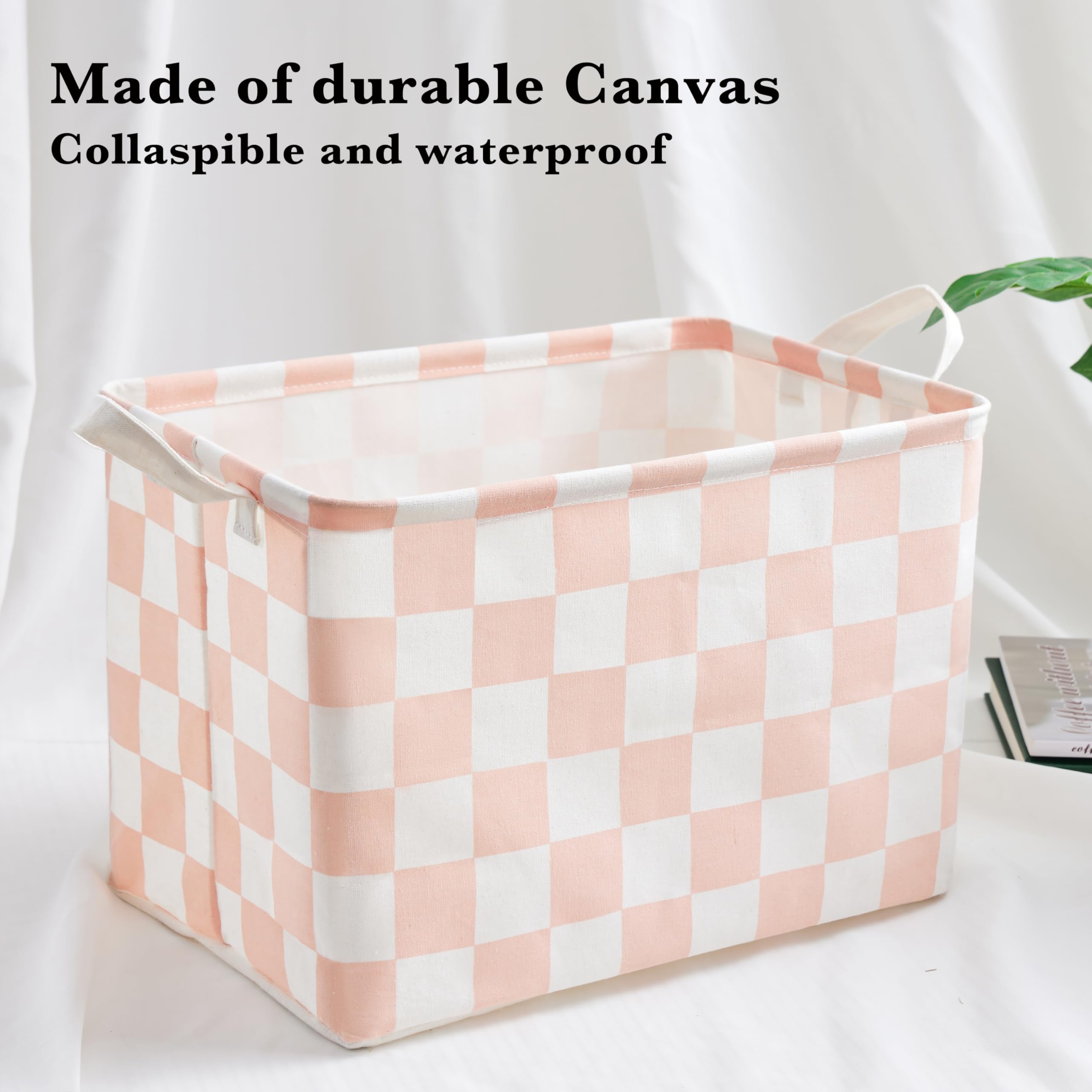 Ohocut Pink White Checkered Canvas Basket, Rectangular Organizing Decorative Storage Basket for Kids Girls Dog Cat Toy, Cute Aesthetic Checkered Room Decor for Home, Bedroom, Classroom, Shelves