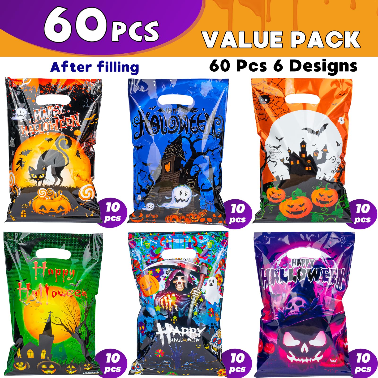 HAPMARS 60 Pcs Halloween Party Favor for Kids Candy Goody Bag, 6 Designs Plastic Trick or Treat Goodie Bags, Halloween Loot Gift Bag with Handles, Party Supplies for Girls Boys, 9.5 * 6.5 Inch