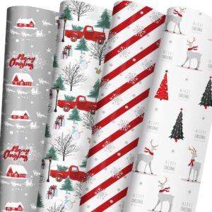 cuitpan white christmas wrapping paper bundle for kids adults - reindeer, stripes, woodlands, snowflake, red truck winter scene designs - 28 x 40 inches, 6 jumbo sheets, recycled