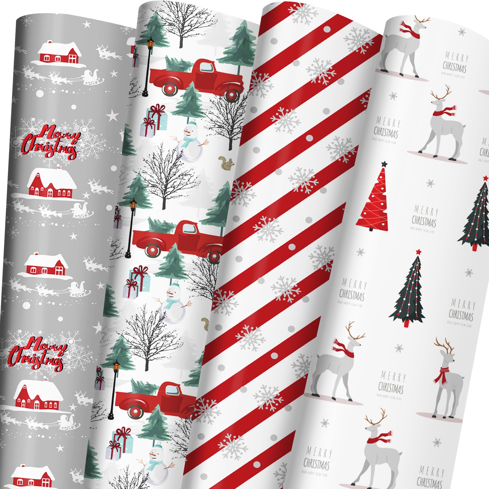 Cuitpan White Christmas Wrapping Paper Bundle for Kids Adults - Reindeer, Stripes, Woodlands, Snowflake, Red Truck Winter Scene Designs - 28 x 40 Inches, 6 Jumbo Sheets, Recycled