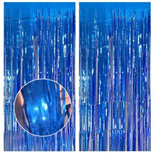 2 pack blue foil fringe backdrop curtains, 3.2x8.2ft streamer backdrops curtains for birthday decorations, baby shower, graduation, halloween, ocean party