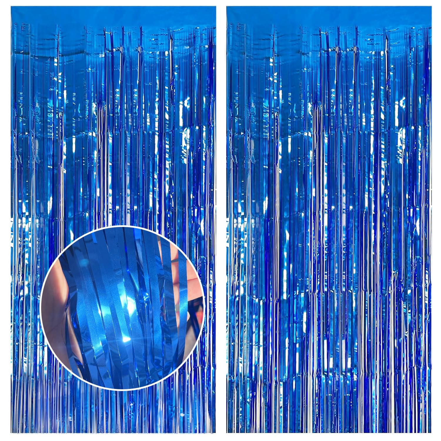 2 Pack Blue Foil Fringe Backdrop Curtains, 3.2x8.2ft Streamer Backdrops Curtains for Birthday Decorations, Baby Shower, Graduation, Halloween, Ocean Party