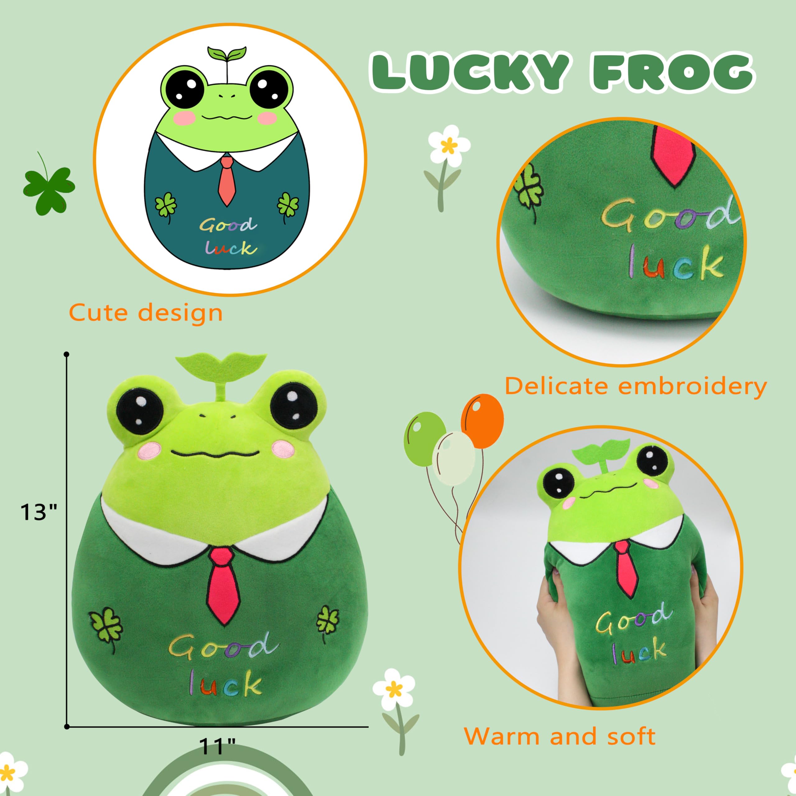 Jrystar 14’’ Good Luck Frog Plush Pillow Soft Frog Plush Hugging Pillow Toy Cute Frog Stuffed Animal Doll Plushie Christmas Birthday Festival Gifts for Kids