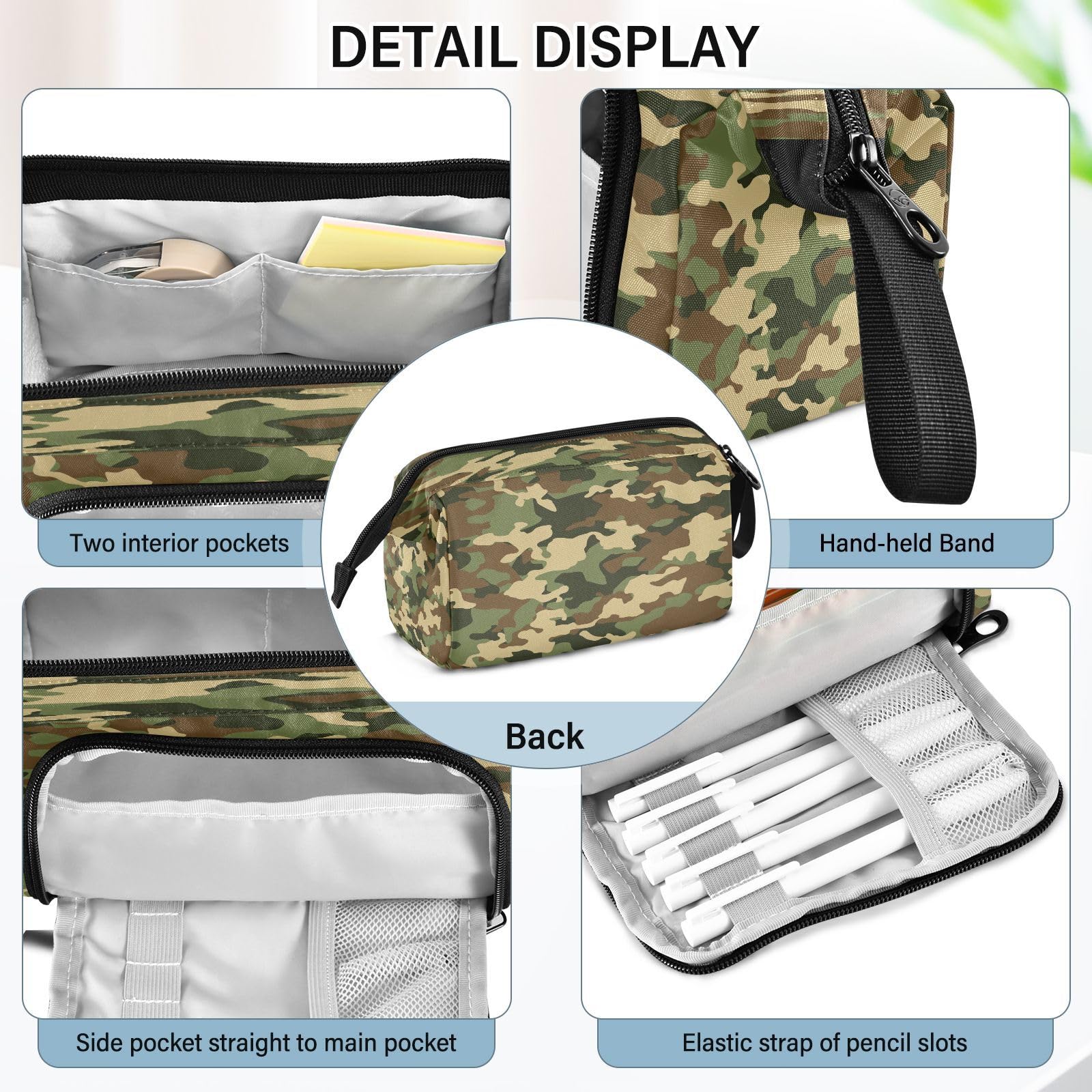 DEHOZO Portable Pencil Case Pen Bag with Zipper, Military Camo Camouflage Large Pencil Pouch Pen Case Stationery Bag for Office School Student, Multifunctional Pen Box for Girl Boy Men Women