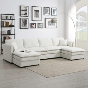 modern 6-seat chenille modular sectional sofa for living room, u-shaped cloud couch set with double cushions,ottomans cream