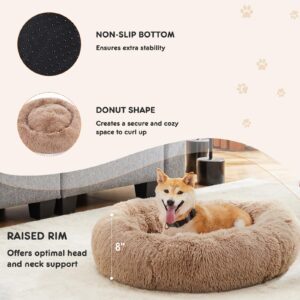 Sweetcrispy Calming Dog Bed for Large Dogs, Washable Large Pet Bed, 36 Inch Anti-Slip Round Fluffy Plush Faux Fur Dog Bed, Fits up to 90 lbs Pets, Brown