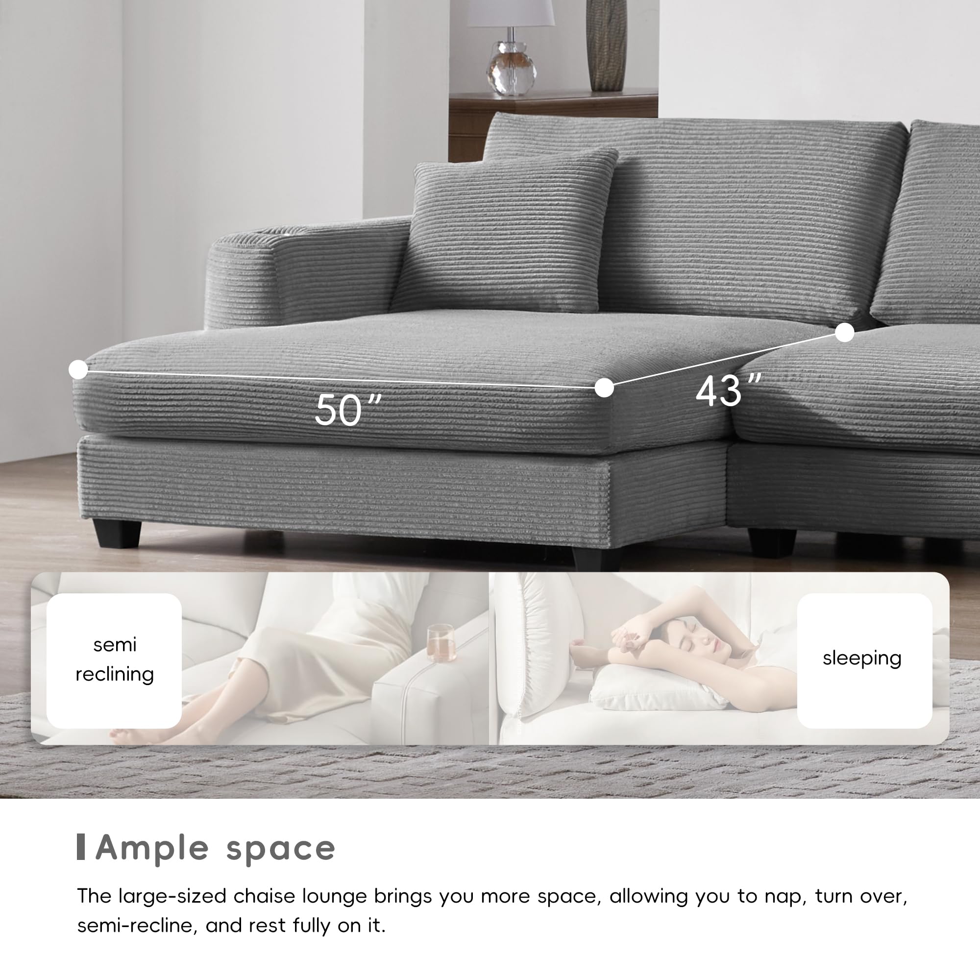 Modern Oversized Corduroy Sectional Sofa with USB Charging Port,Cup Holder, Deep Seat Couch Sleeper Bed with 50" Chaise, Gray