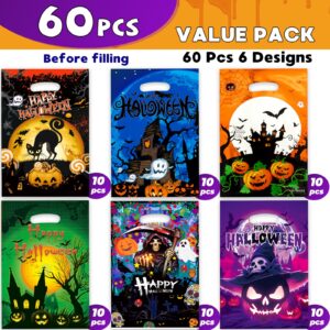 HAPMARS 60 Pcs Halloween Party Favor for Kids Candy Goody Bag, 6 Designs Plastic Trick or Treat Goodie Bags, Halloween Loot Gift Bag with Handles, Party Supplies for Girls Boys, 9.5 * 6.5 Inch