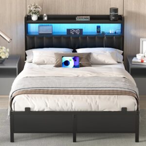 homieasy full size bed frame with charging station, adjustable upholstered faux leather headboard, industrial platform bed with led lights, steel slat support, no box spring needed, black