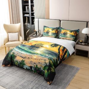 Erosebridal Coconut Tree Duvet Cover Hawaii Ocean Beach Botanical Quilt Cover Sailboat Sunset Print Comforter Cover Nature Tropical Landscape Theme Bedspread Cover Summer Holiday Room Decor Queen