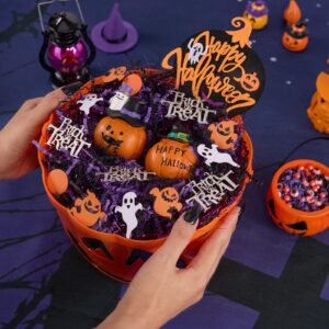 PAPER FAIR 1LB Halloween Crinkle Cut Paper Shred, Black Purple Iridescent Glitter Strand Raffia Filler w/Orange Ghosts Trick or Treat Confetti, Candy Gift Wrapping Basket Box Craft Bedding Cushion