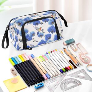 DEHOZO Portable Pencil Case Pen Bag with Zipper, Blue Flower Orchid Hummingbird Large Pencil Pouch Pen Case Stationery Bag for Office School Student, Multifunctional Pen Box for Girl Boy Men Women