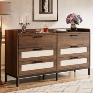 tribesigns 6-drawer dresser for bedroom, 55" mid-century rustic chest of drawers, wide wood storage long double dresser organizer for nursery bedroom living room closet, dark brown