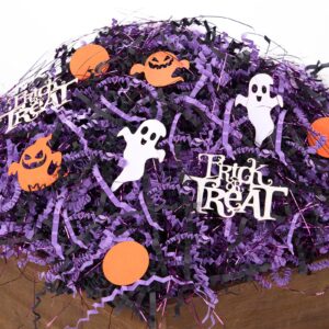 PAPER FAIR 1LB Halloween Crinkle Cut Paper Shred, Black Purple Iridescent Glitter Strand Raffia Filler w/Orange Ghosts Trick or Treat Confetti, Candy Gift Wrapping Basket Box Craft Bedding Cushion