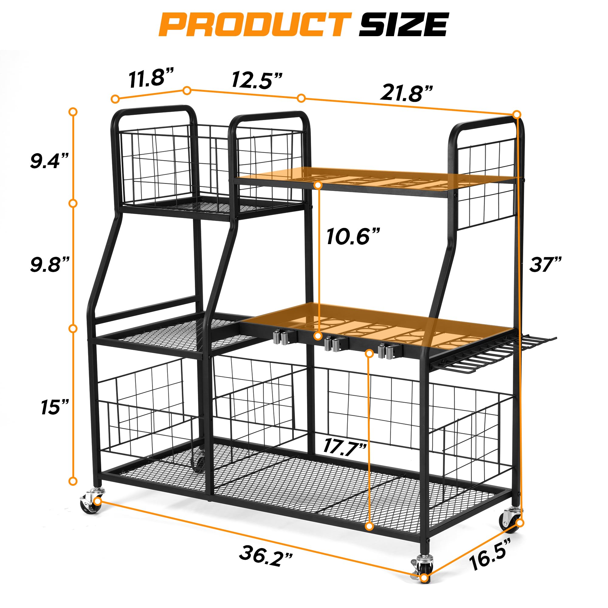 Rengue Large Garden Tool Organizer 3 Tier Yard Tool Rack with Slots & Hooks, Heavy Duty Metal Shelf Yard Tool Holder, Utility Stand Rack for Garage Organization and Storage for Garage, Backyard, Lawn