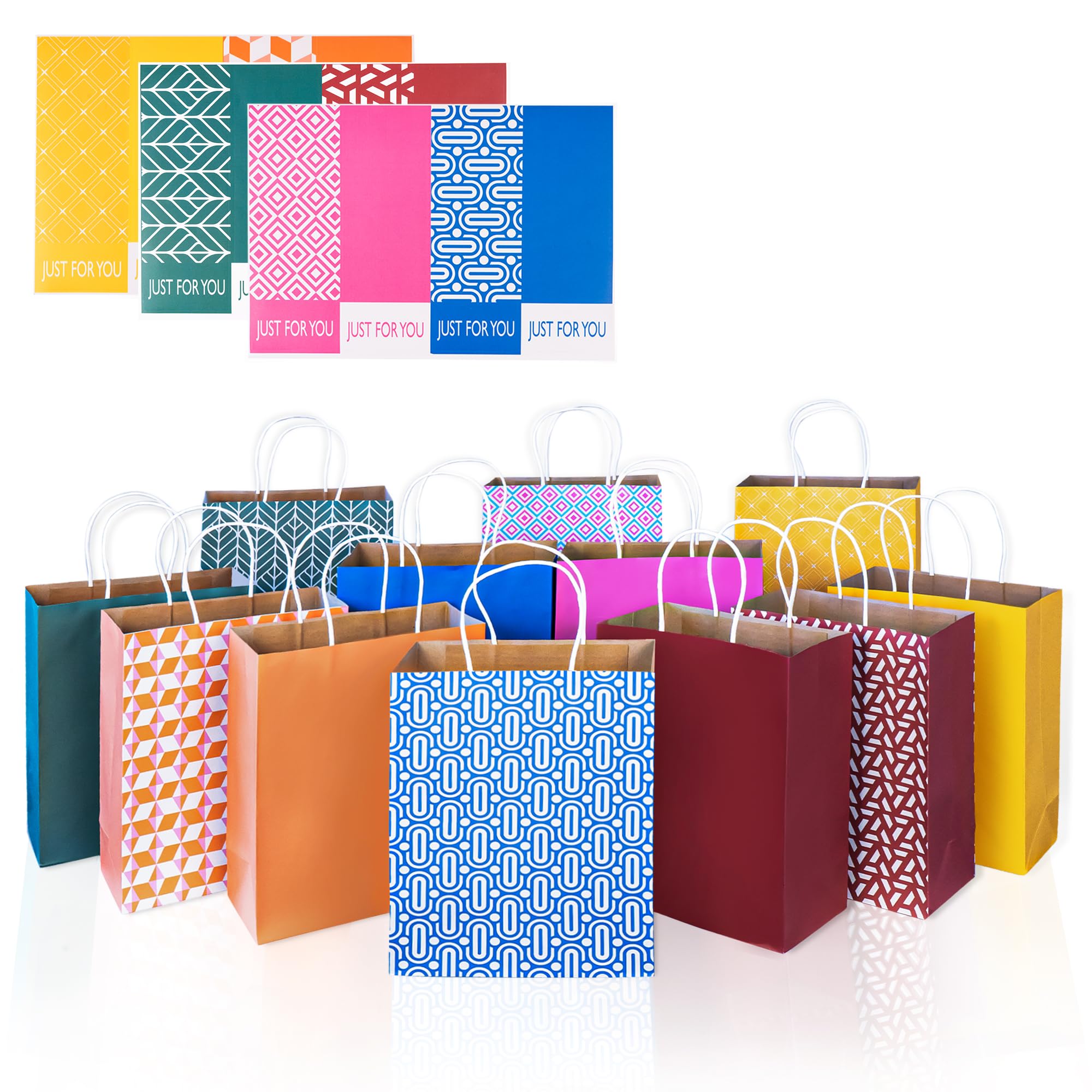 Racrico Paper Gift Bags,12 Pack of Paper Gift Bags with Handles in Solids and Geometric Patterns Unique Design,12.5X5X10 INCH Paper Gift Bags Bulk with Stickers For Birthdays,Party Favor,Reusable & Durable