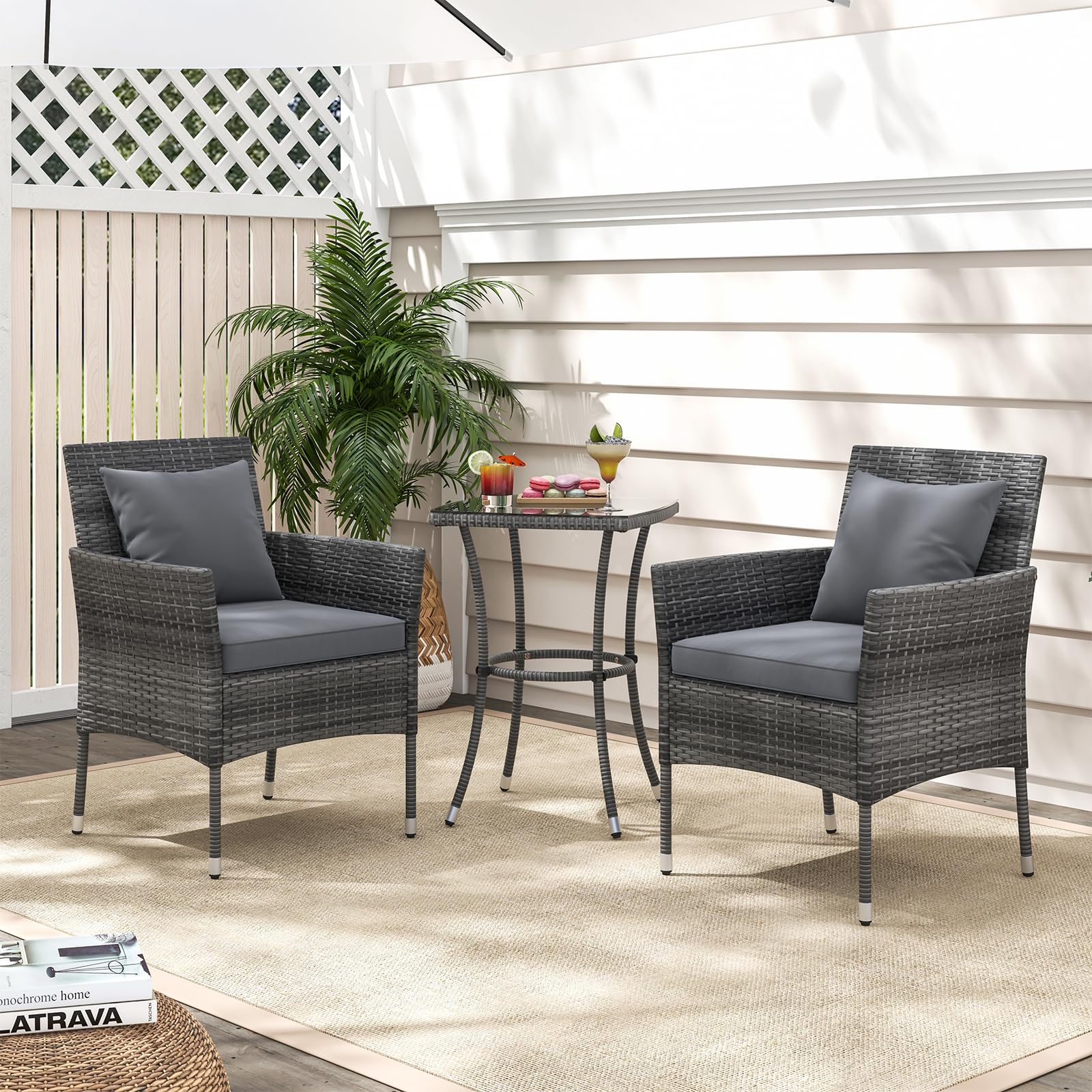 KOTEK 3 Pieces Patio Furniture Set, PE Rattan Outdoor Conversation Set with Tempered Glass Table & Soft Cushions, Wicker Bistro Set for Garden, Porch, Balcony (Grey)